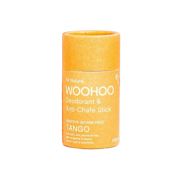 Yellow deodorant stick with 'WOOHOO' branding on a peach background